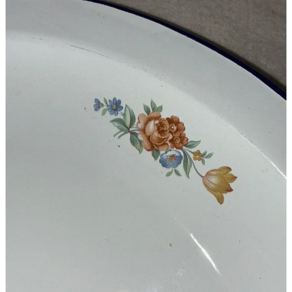 Vintage Serving Bowl Enamelware Floral 11x9